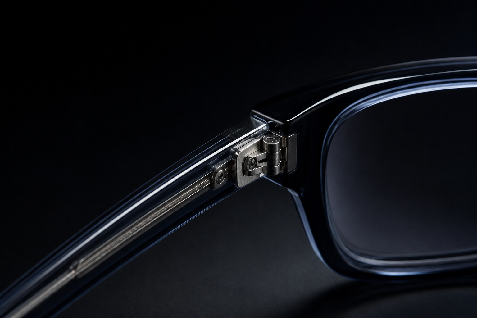 Representative macro view of a finished acetate frame corner and hinge